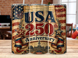 USA 250th Anniversary tumbler with Independence Hall, flags and fireworks.