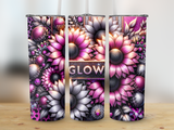 Three tumblers with pink and silver flowers, glitter, and the word "GLOW".