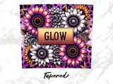 Floral pattern with sunflowers and text "Glow" and "Tapen"
