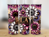 Three tumblers with sunflowers and leopard print detail, saying "PLAY".