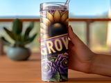 Tumbler with sunflowers and purple flowers, text reads "GROW".