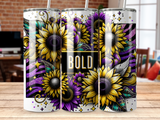 Tumbler with large sunflowers, purple stripes, and the word "BOLD".
