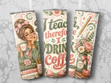 Triptych tumbler designs featuring a woman with coffee, a pencil with flowers, and a coffee pot.