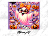 Halloween ghost wearing glasses with candy and pumpkins, "This is some boo sheet".