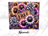 Golden "Free" sign amidst purple and yellow sunflowers and roses on textured background.