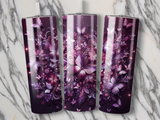 Three tumblers with a purple floral and butterfly design.