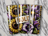 Floral pattern tumblers with "BOLD" text across the middle one.