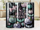 Three tumblers featuring pumpkins, bats, and witch hats with "WITCH PLEASE" text.