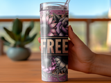 Pink and purple floral tumbler with "FREE" text in gold glitter.