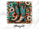 Turquoise embroidered cowboy boots with floral accents and daisies.