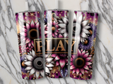 Sunflower and feather design on three tumblers with "PLAY" text.
