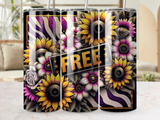 Sunflower and rose floral design with "FREE" text on a striped tumbler.