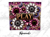 Sunflowers and purple flowers with "PLAY" text on floral patterned background.