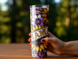 Tumbler with sunflowers and the word "Mama" in a decorative font.