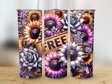 Three tumblers with sunflower and rose floral patterns and the word "FREE" on one.