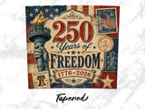 250 Years of Freedom 1776-2026 with Statue of Liberty torch and US stamps.