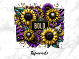 Bold sunflowers and purple flowers on purple zebra print background.