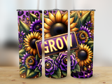 Sunflowers, purple flowers, and leopard print with "GROOVY" text on a tumbler.