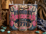 Patriotic Tumbler Wrap PNG | Proudly American Since 1776 | Pink Western America 250 20oz Skinny Sublimation Design | Instant Download