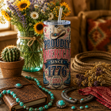 Patriotic Tumbler Wrap PNG | Proudly American Since 1776 | Pink Western America 250 20oz Skinny Sublimation Design | Instant Download