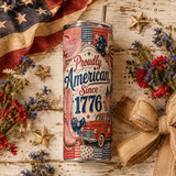 Patriotic Tumbler Wrap PNG | Proudly American Since 1776 | Western Cowgirl 20oz Skinny Sublimation Design | Red Truck | Instant Download