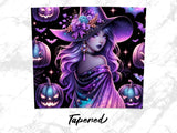 Witch with purple hair and a starry cloak surrounded by glowing jack-o'-lanterns.