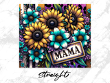 Sunflowers and teal flowers on striped and sparkly background with "Mama" sign.
