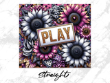 Floral design with sunflowers and dice, featuring the word "PLAY".