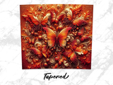 Ornate orange and red butterflies and floral elements on a textured background.