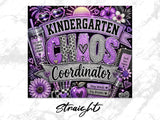 Kindergarten Chaos Coordinator text with purple glitter, flowers, and hearts.