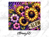 Sunflowers and pink flowers against a purple zebra print background with a "Glow" tag.