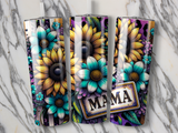Three tumblers with sunflowers, teal flowers, and "Mama" in a license plate design.