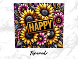 Happy sunflowers and floral design on a purple and black background.