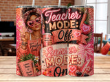 Teacher Mode Off Summer Mode On tumbler with beach and apple graphics.