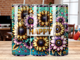 Three tumblers with sunflowers and glitter, reading "HAPPY" across the middle.