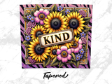 Sunflowers and purple flowers with "Kind" text on a patterned background.