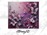 Purple and pink floral design with butterflies and sparkles.