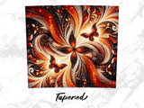 Intricate butterfly and floral pattern with warm orange, gold, and black hues.