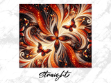 Abstract swirling pattern with butterflies in gold, orange, and red hues.