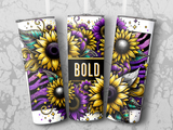 Bold sunflowers with purple and black stripes on a tumbler.