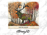 Deer with antlers and forest body in autumn woods, "Hunting Season" text.