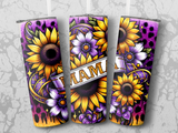 Three tumblers with sunflowers, purple flowers, and "Mama" on a purple background.