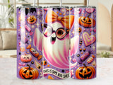 Cute ghost with Halloween candy, pumpkins, and bow wearing glasses.