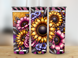 Three tumblers with sunflower and floral designs, bordered by glitter and stripes.