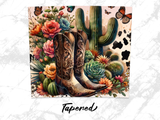 Cowboy boots with desert flowers, cacti, and butterflies.