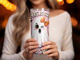 Cute ghost with bow holding a tumbler that says "This is so spooky".