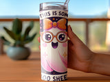 Cute ghost graphic with glasses and bow on a white tumbler.