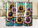 Sunflower and floral design on a tumbler with the word "HAPPY."