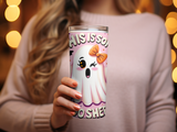 Ghost tumbler with "This is so boo-shee" text and orange bow.