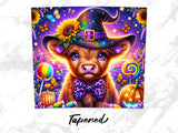 Cow with witch hat and bow tie, surrounded by sunflowers, butterflies, and candy.